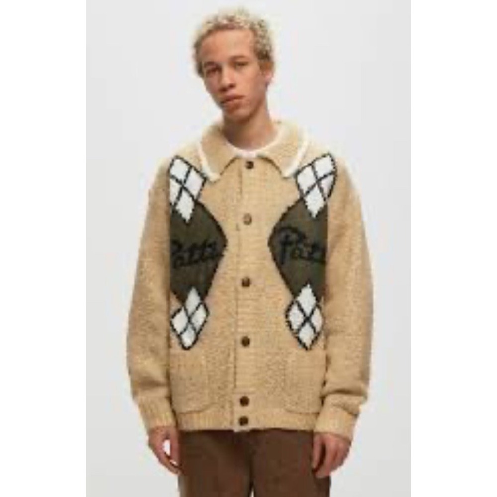 PATTA Argyle  Knitted Cardigan Sweater Patch Size 2xl Long sleeve Beige